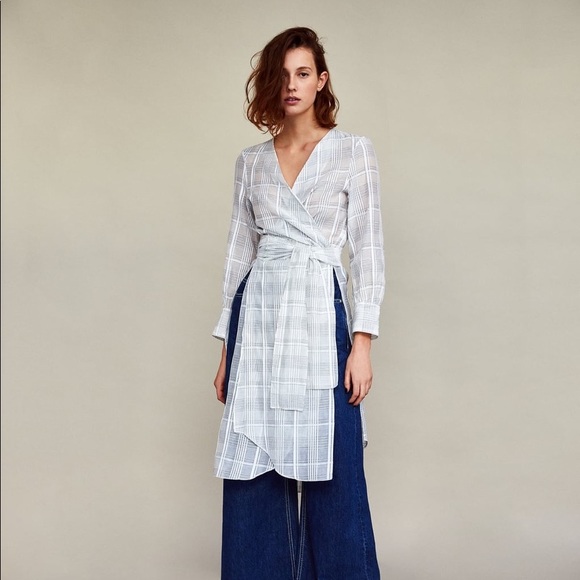 Zara Tops - Checked tunic with tie belt